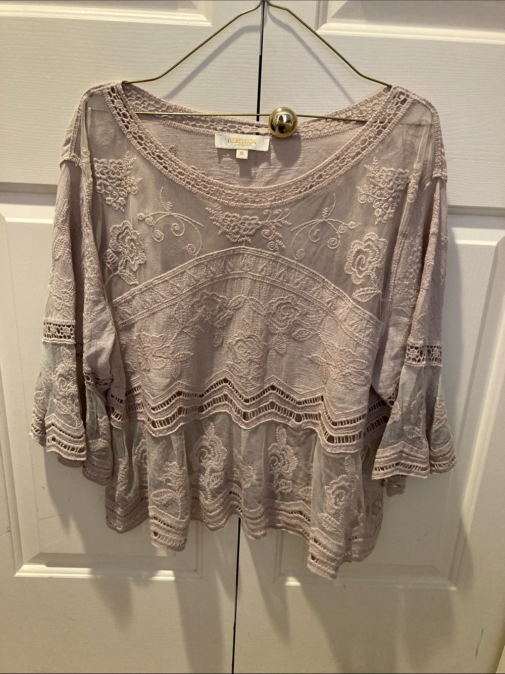 Rebellion Mocha tan Embroidered Crochet-Trim Blouse